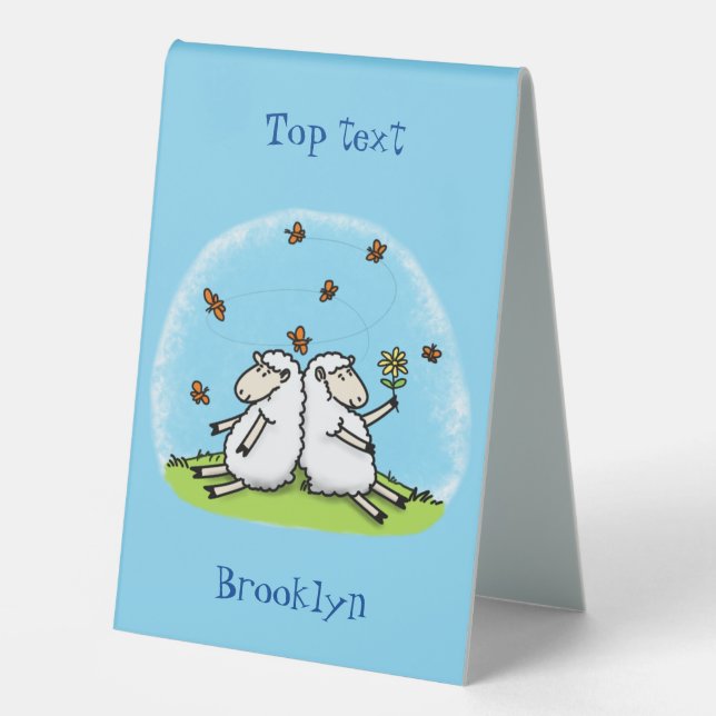 Plaque De Table Caricature de moutons mignons amis et papillons (Recto)