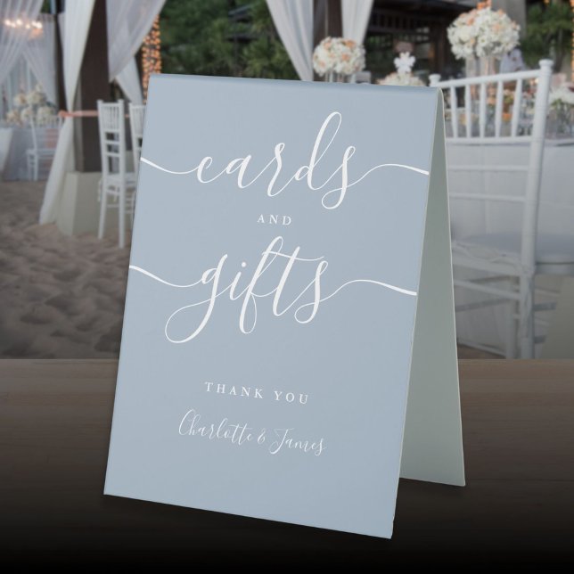 Plaque De Table Cartes De Script Et Cadeaux Dusty Signature Bleue (Script Cards And Gifts Dusty Blue Signature Table Tent Sign)