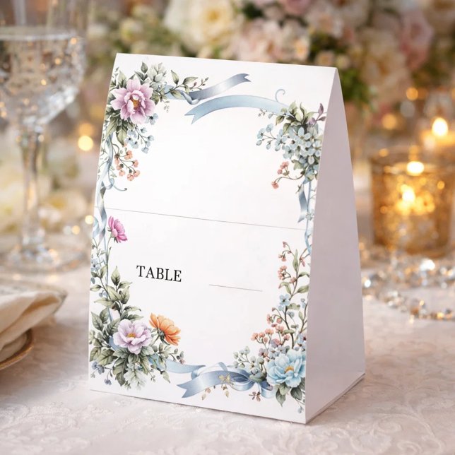 Plaque De Table Cartes de table Florales Ruban Bleu Élégantes (Créateur téléchargé)