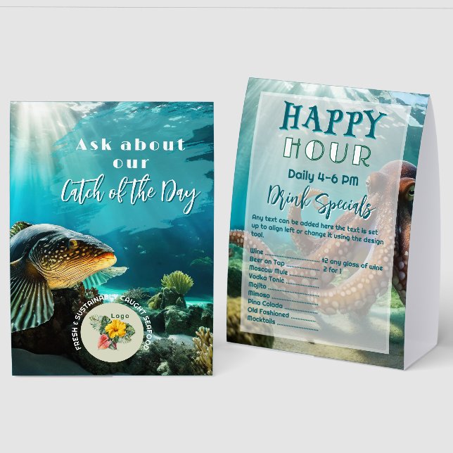 Plaque De Table Catch of the Day Happy Hour Double sided Tent sign (Recto/Verso)