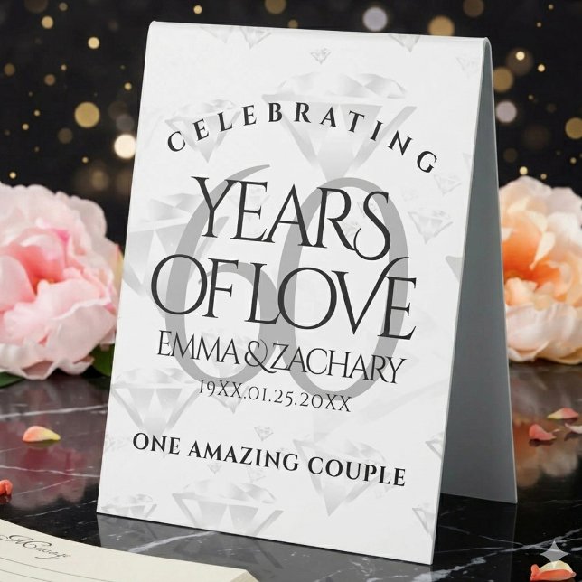 Plaque De Table Célébration élégante de 60 ans de mariage de diama (Elegant 60th Diamond Wedding Anniversary Table Tent Cover Photo)