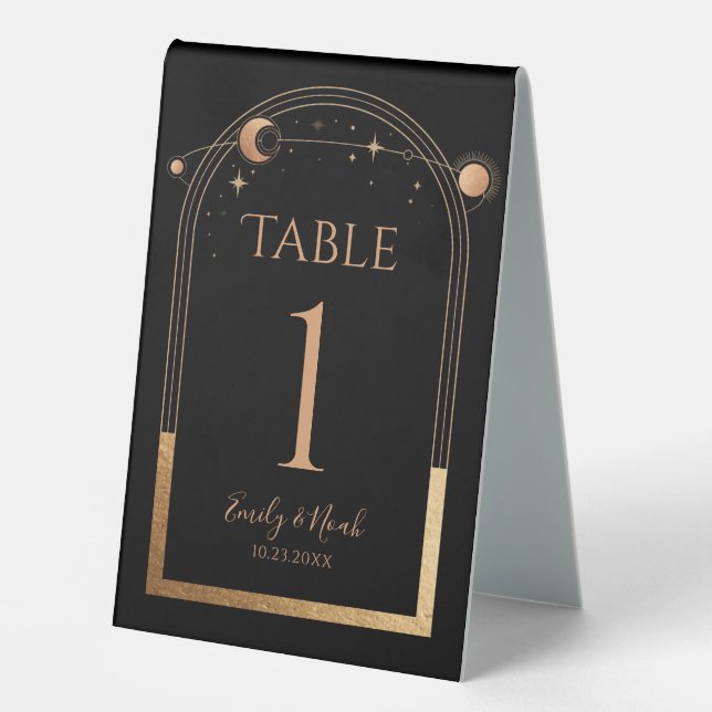 Plaque De Table Céleste Mariage Soleil Lune Astronomie Or Noir  (Recto)