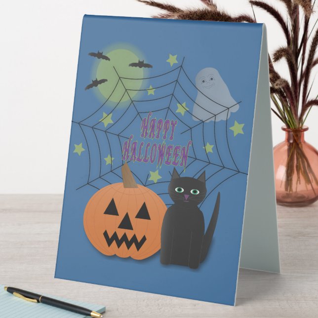 Plaque De Table Chat noir et Citrouille pas effrayant Halloween (En SItu (Tableau))