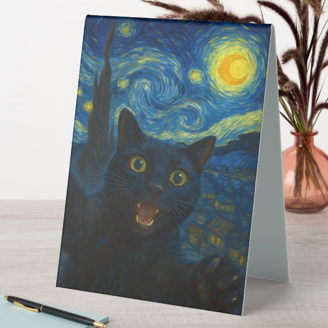 Plaque De Table Chat noir Starry Nuit Van Gogh Chat Selfie (En SItu (Tableau))
