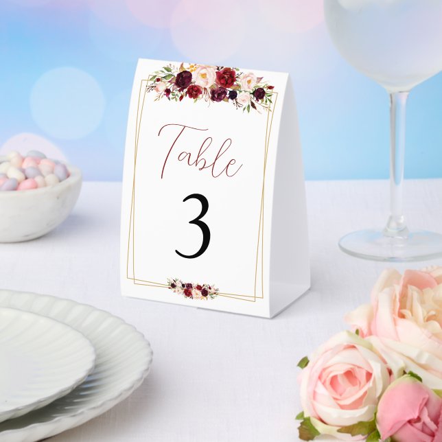 Plaque De Table Chic Burgundy Fleurs Géométriques Numéro de Table (Insitu (mariage))