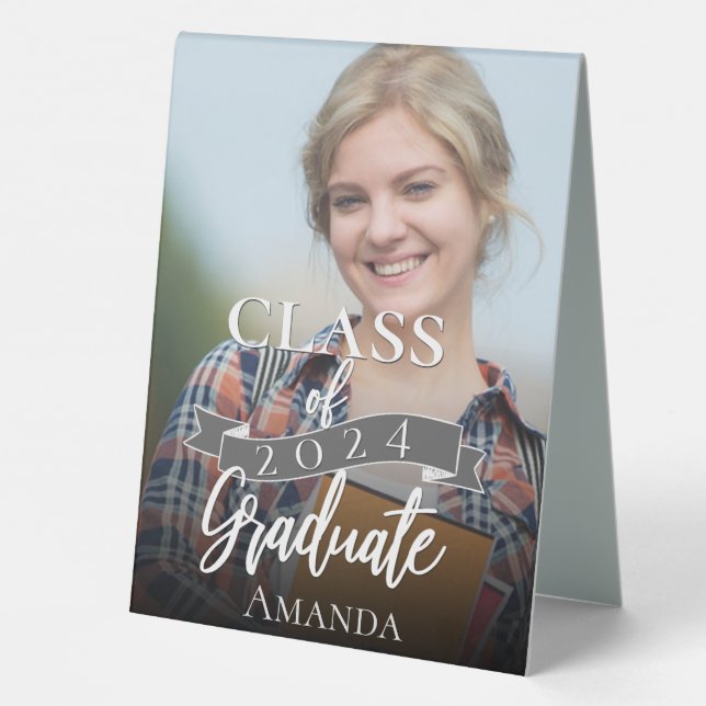 Plaque De Table Classe de Merci de graduation photo bleue 2023 (Verso)