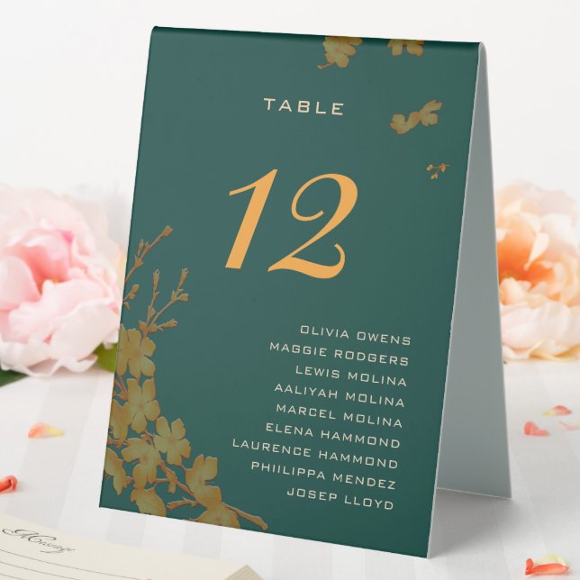 Plaque De Table Classy Emerald Green Gold Floral Noms d'hôtes (In SItu (Mariage))