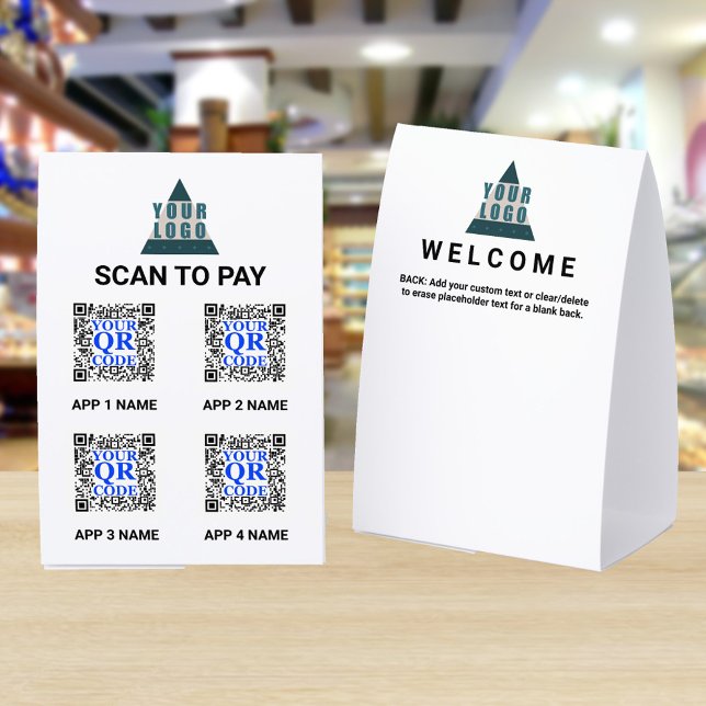 Plaque De Table Code QR 4x6 Logo d'entreprise 4 Applications Scann (These 4 app SCAN TO PAY paper table top tents can have almost anything you want on the back)