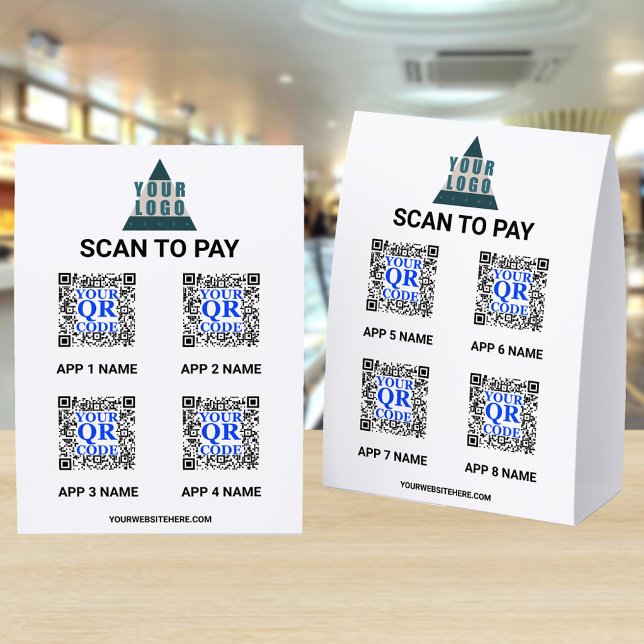 Plaque De Table Code QR 5x7 Logo d'entreprise 8 Applications Paiem (These 5 x 7 scan to pay paper table tents are easy to customize. 8 slots for payment apps.)