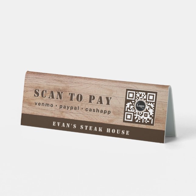 Plaque De Table Code QR de paiement par scan à grain de bois rusti (Verso)