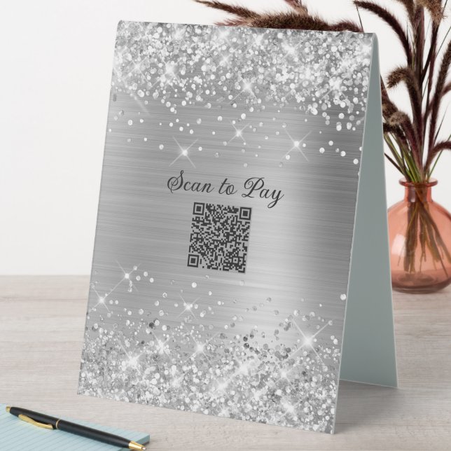Plaque De Table Code QR de paiement scintillant argenté Glam (En SItu (Tableau))
