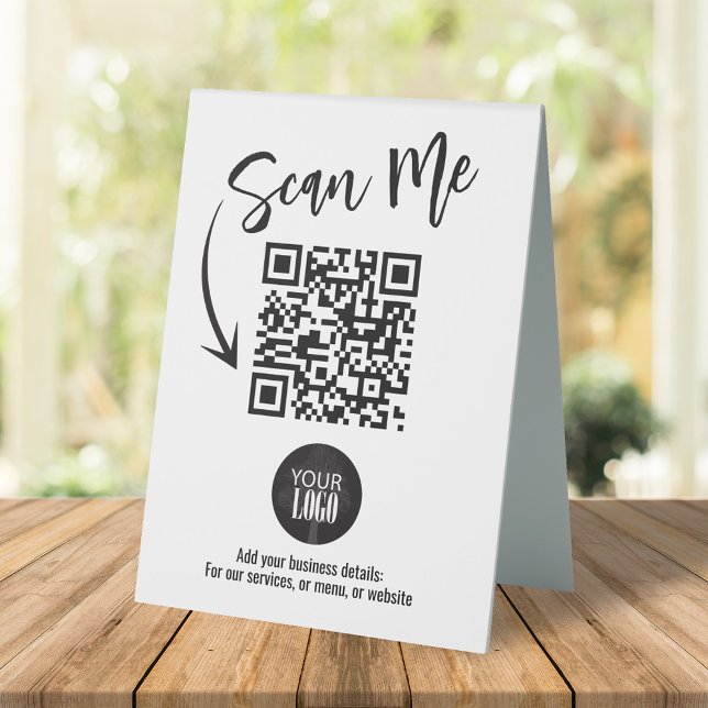 Plaque De Table Code QR de table d'affaires Logo Moderne Scannez-m (Double-sided "Scan Me" QR code with your logo sign)