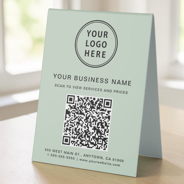 Plaque De Table Code QR du logo de l'entreprise Vert Sauge (Business Logo QR Code Sage Green Table Tent Sign)