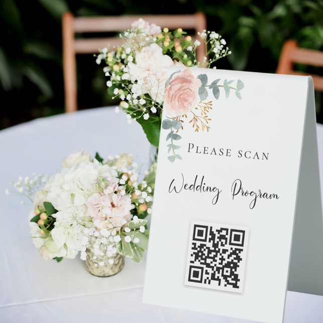 Plaque De Table Code QR du programme de mariage floral rose eucaly (Créateur téléchargé)