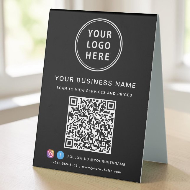Plaque De Table Code QR Logo Entreprise Réseaux Sociaux Noir (Business Logo QR Code Social Media Black Table Tent)