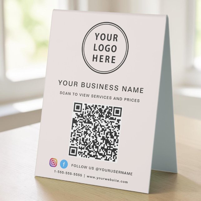 Plaque De Table Code QR Logo Entreprise Rose Média Social (QR Code Pink Business Logo Social Media Table Tent)