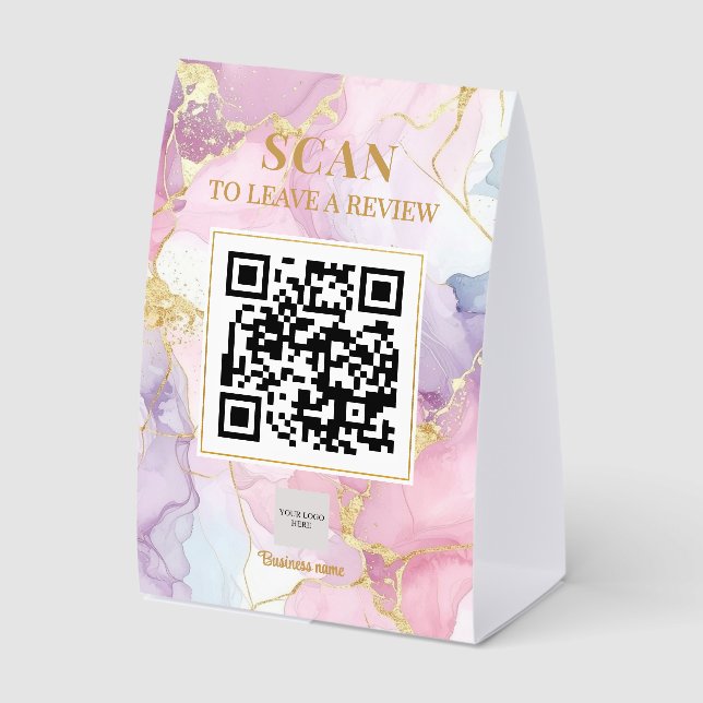 Plaque De Table Code QR Luxueux Féminin Marbre Rose Violet Or (Recto)