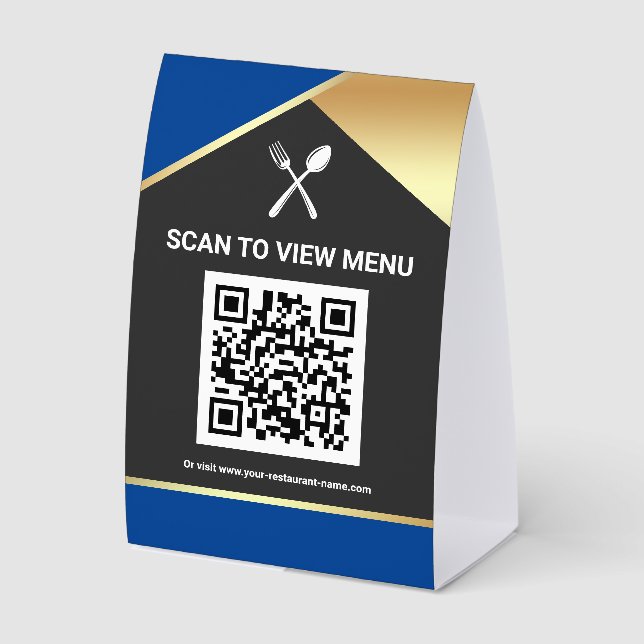 Plaque De Table Code QR Menu Numérique Bleu Or pour Restaurants (Recto)
