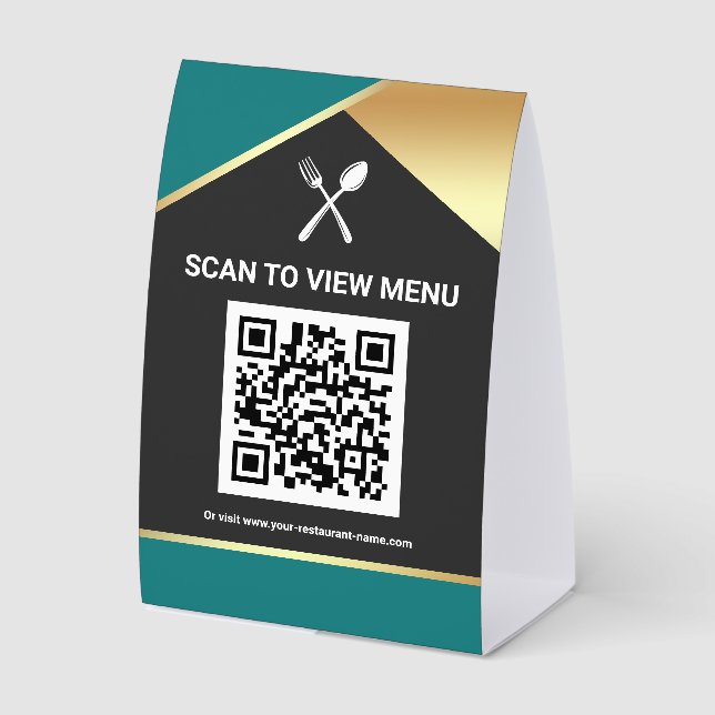 Plaque De Table Code QR Menu Numérique Bleu Turquoise Or pour Rest (Recto)