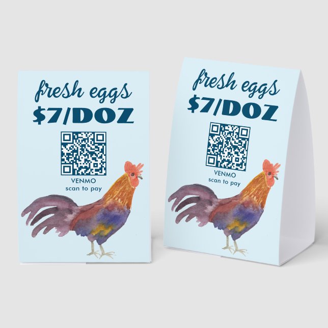 Plaque De Table Code QR PAIEZ PAR SCAN aquarelle Poulet & Œufs (Recto/verso)