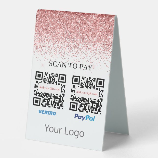 Plaque De Table Code QR Pailleté Rose Scannez pour Payer Votre Log (Recto)