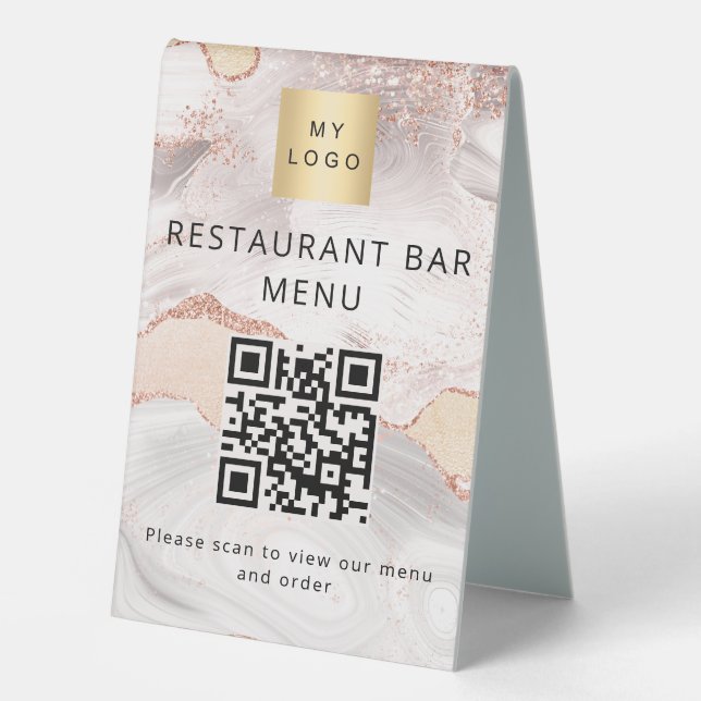 Plaque De Table Code QR restaurant café bar scanne menu rose or (Recto)
