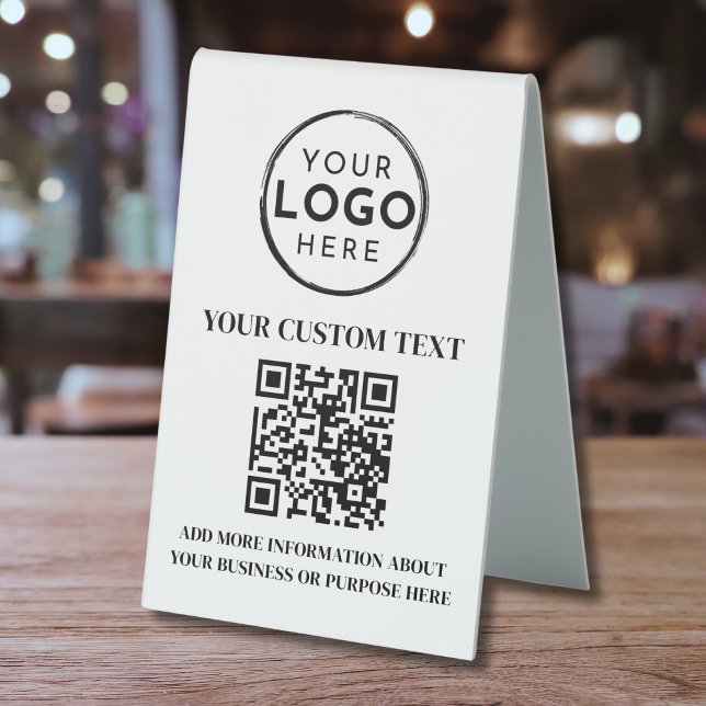 Plaque De Table Code QR Texte Noir Blanc Logo d'Entreprise Personn (Custom Business Logo Black White Text QR Code Table Tent Sign)