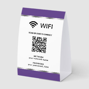 Plaque De Table Code QR Wifi Réseau et Mot de Passe Argent Violet