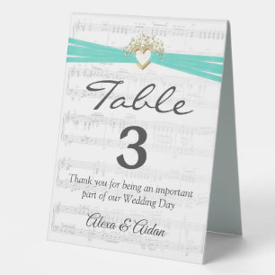 Plaque De Table Cœur doré avec ruban aqua sur partition