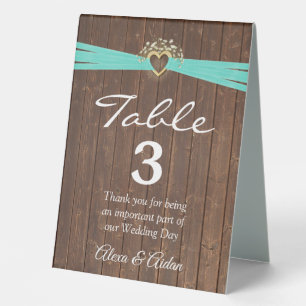 Plaque De Table Cœur doré avec ruban turquoise sur bois