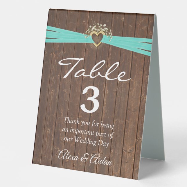 Plaque De Table Cœur doré avec ruban turquoise sur bois  (Recto)