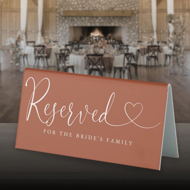 Plaque De Table Coeur en terre cuite écriture mariage réservé (Terracotta Heart Script Wedding Reserved Table Tent Sign)
