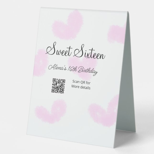 Plaque De Table Coeurs d'aquarelle rose QR Sweet sixteen anniversa (Recto)