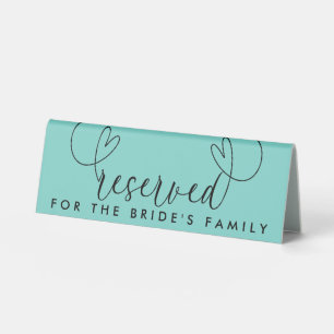 Plaque De Table Cœurs Réservés Mariage Écriture Turquoise Moderne