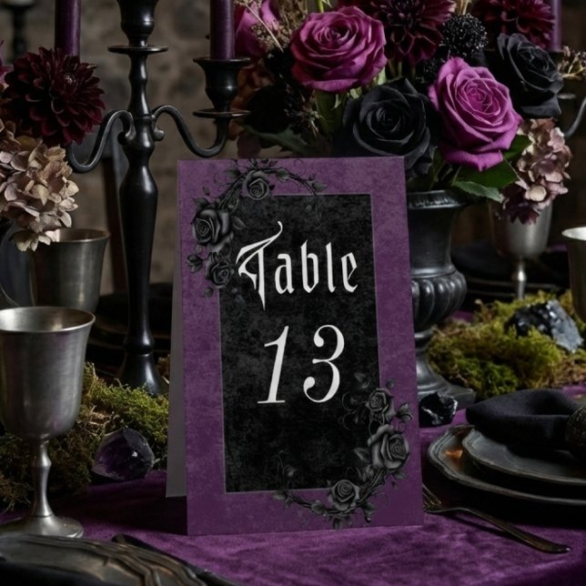 Plaque De Table Corbeau noir gothique et Rose Mariage violet (Créateur téléchargé)