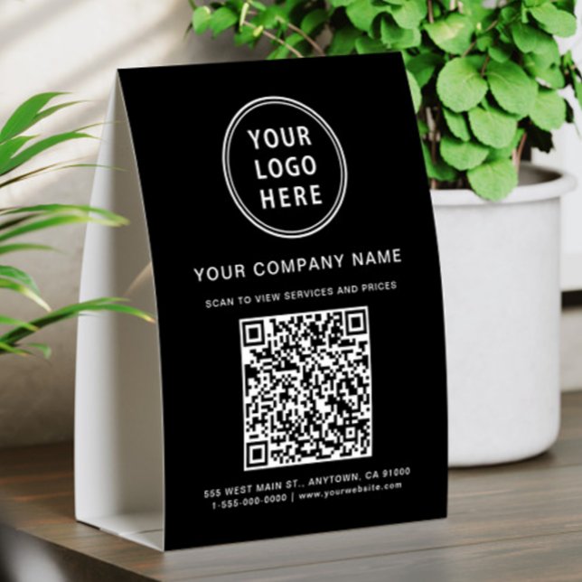 Plaque De Table Création de logo d'entreprise Votre code QR noir (Business Logo Create Your QR Code Black Paper Table Tent)