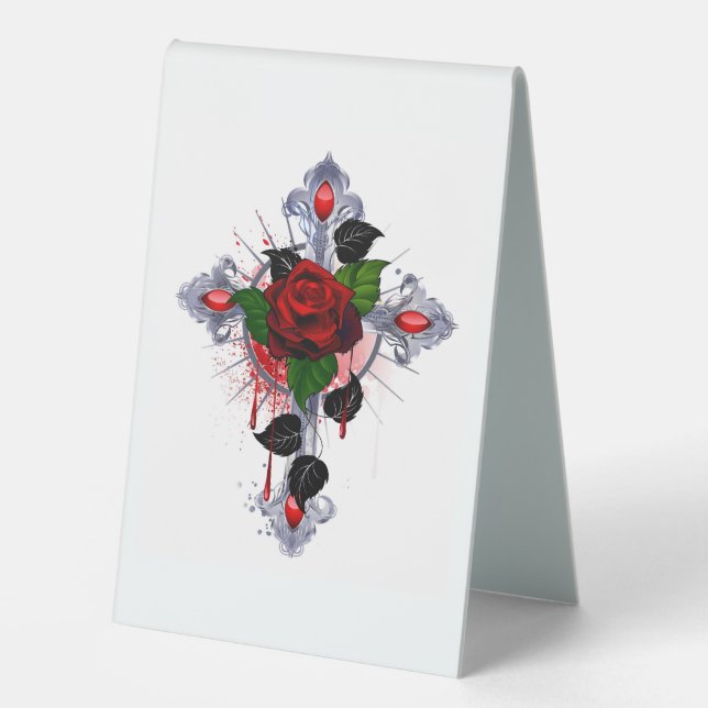 Plaque De Table Croix d'argent avec une rose rouge (Recto)