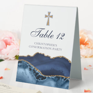 Plaque De Table Croix de confirmation élégante Agate Bleu Marine O