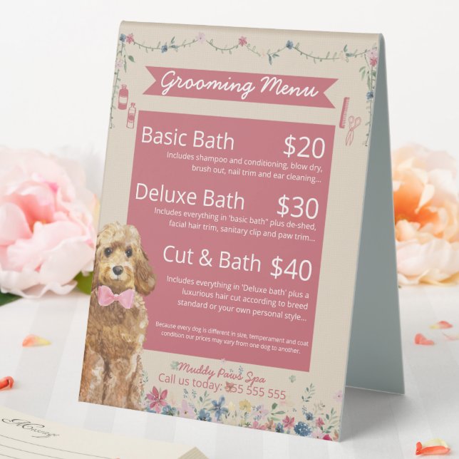 Plaque De Table Cute Floral Aquarelle Chien Grooming Services Menu (In SItu (Mariage))
