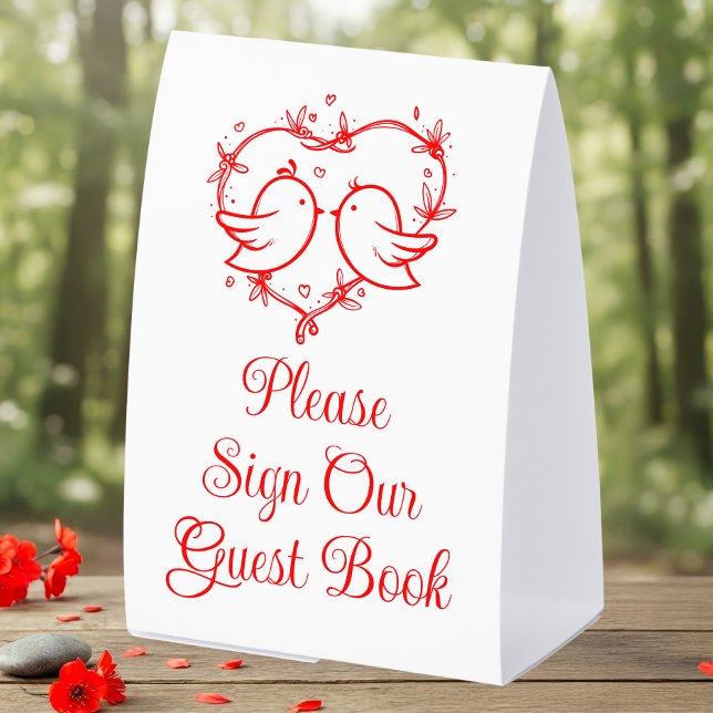 Plaque De Table Cute Lovebirds Boho Red Heart Wedding Guest Book (Créateur téléchargé)