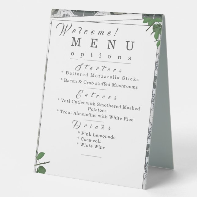 Plaque De Table Dentelle blanche et Feuille Rose Menu (Recto)