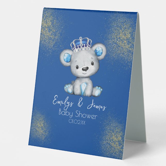 Plaque De Table Douce Ourson Royal Bleu Baby Shower Garçon  (Recto)