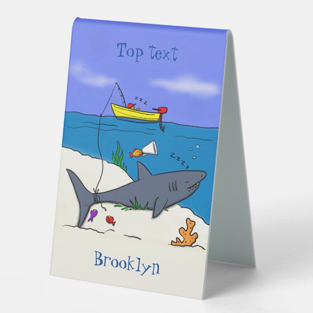 Plaque De Table Drôle requin couché et dessin animé de pêche (Recto)