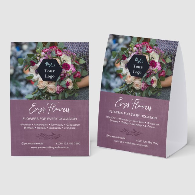 Plaque De Table Dusky Purple Greenery Florist Photo & Your Logo (Recto/verso)
