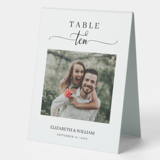 Plaque De Table Elegance Script Photo Mariage Numéro de table Dix (Recto)