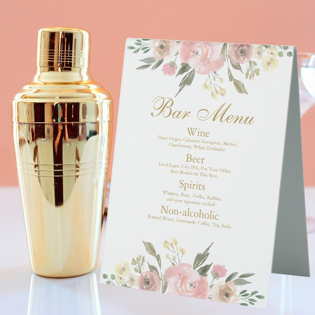 Plaque De Table Elégant Blush Rose Gold Floral Mariage Bar Menu (Créateur téléchargé)