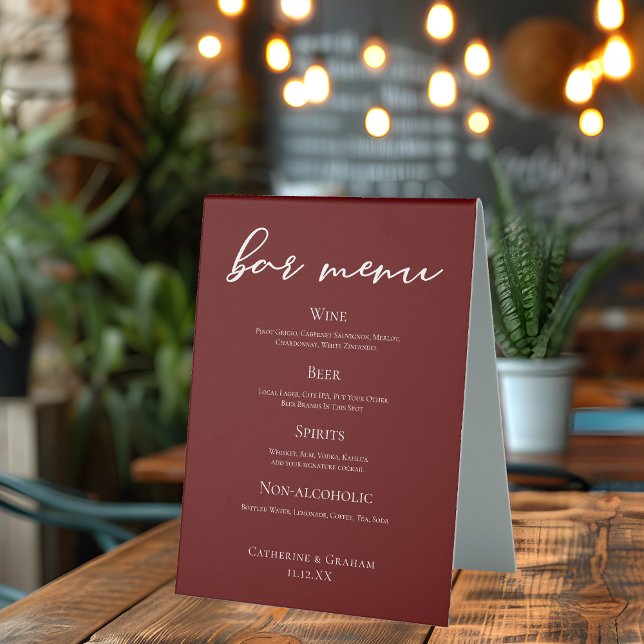 Plaque De Table Elégant Burgundy Minimalist Mariage Bar Menu (Créateur téléchargé)