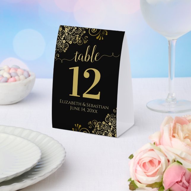 Plaque De Table Elégant Frills or sur Mariage noir Numéro de table (Insitu (mariage))