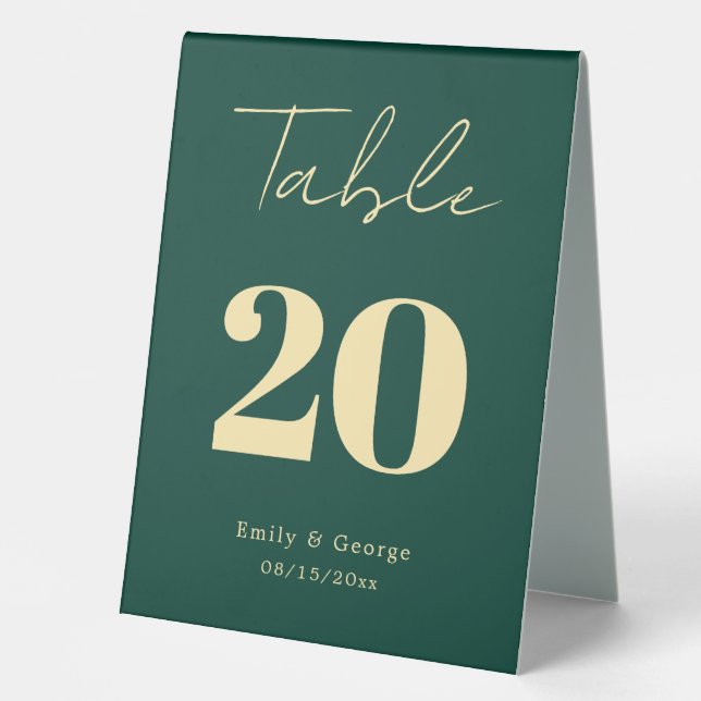 Plaque De Table Élégant Luxe Vert or Script Mariage moderne (Recto)