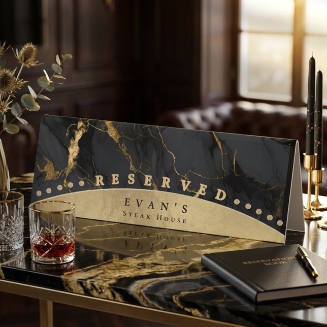 Plaque De Table Élégant Marbre Noir Agate Or Réservé (Elegant Shiny Gold Black Marble Agate Reserved Table Tent)